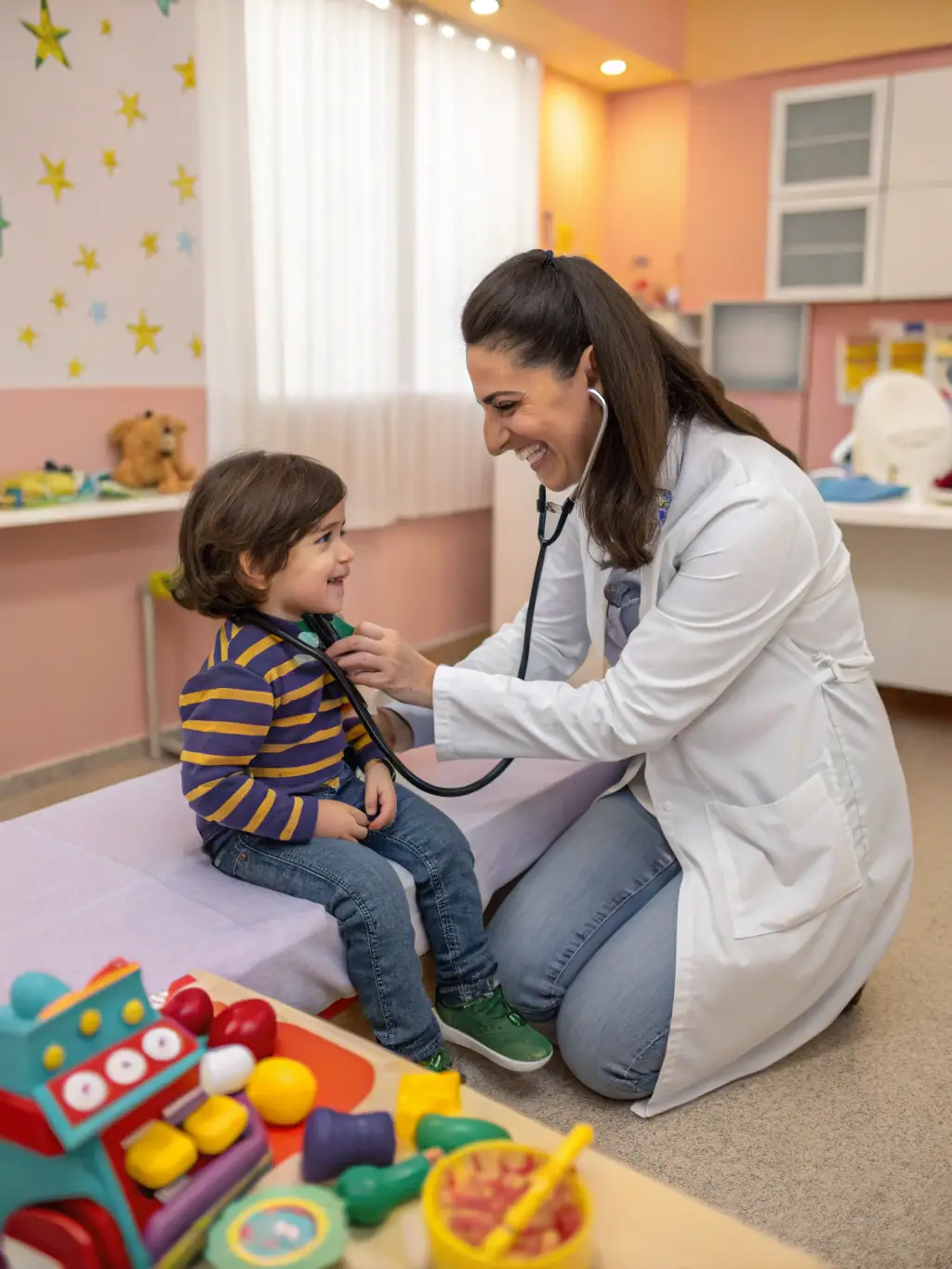 A pediatrician interacting with a child, highlighting the hospital's focus on pediatric care.
